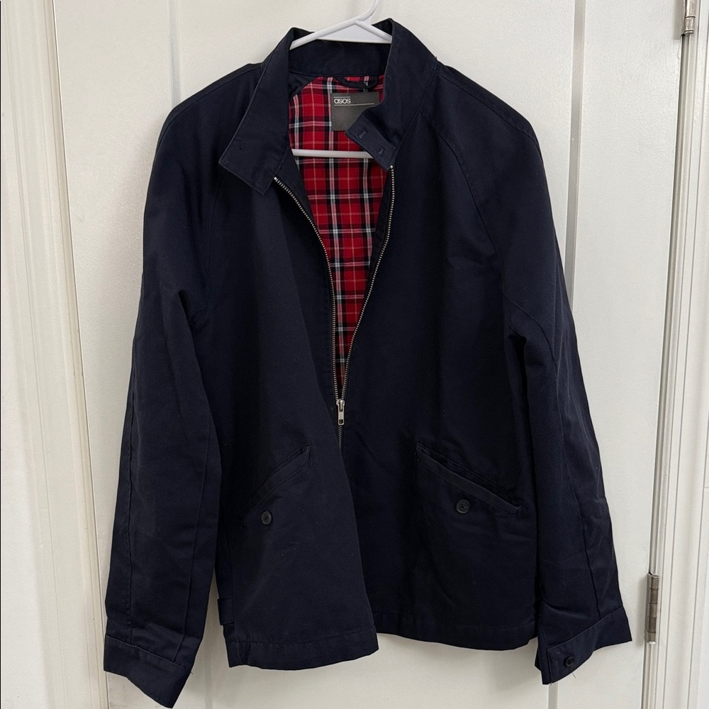 ASOS Navy Jacket with Red Plaid Lining